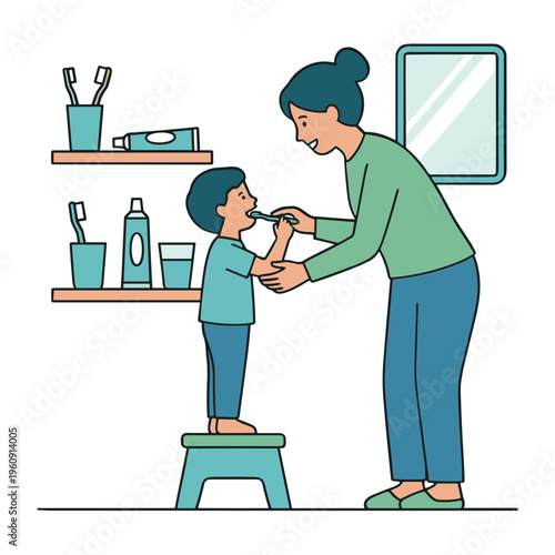 A mother helps her young son brush his teeth in a bathroom.