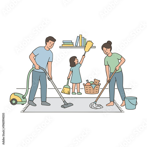 Family cleaning together indoors with vacuum and brooms at home.
