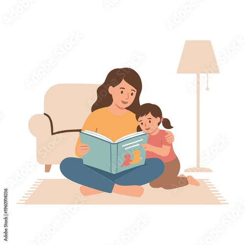 A woman reads a book to a girl sitting on a rug beside a sofa and lamp.