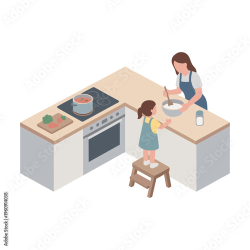 Woman cooks while a young girl stands on a stool helping in the kitchen.