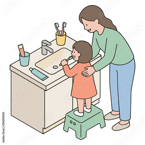 A mother guides her child while brushing teeth in a bathroom sink.