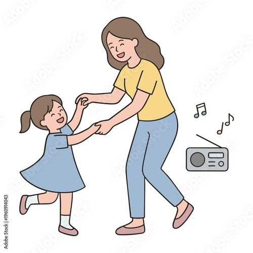A woman and a little girl dancing together happily indoors with music