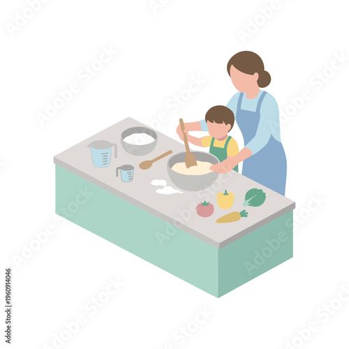 A woman teaches a child to mix ingredients in a large bowl on a kitchen counter.