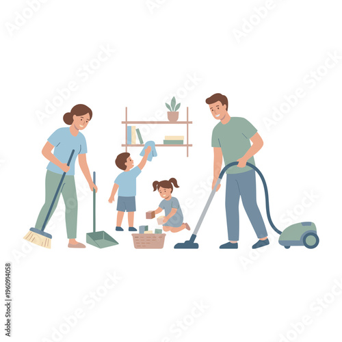 Family cleaning house together at home with tools and vacuum