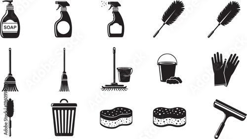 Black and white of cleaning tools and supplies on white background hygiene household