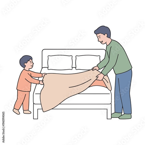 Father and son making bed together in bedroom at home