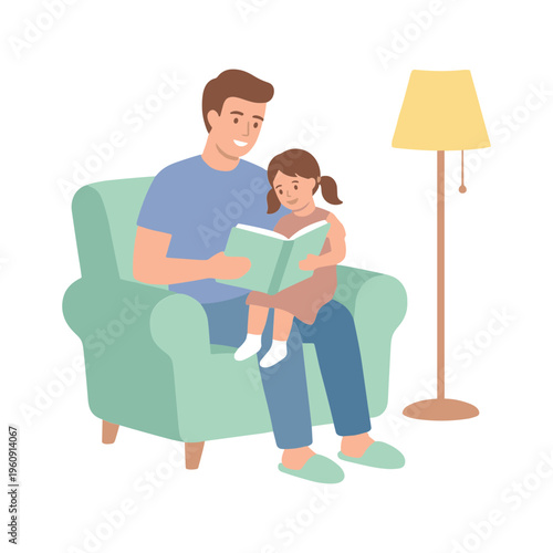 Father reads book to little girl sitting on his lap indoors