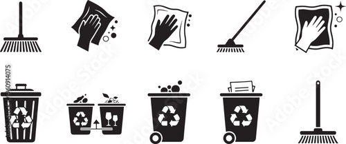 Black and white of cleaning tools and trash bins with recycling symbols broom dustpan
