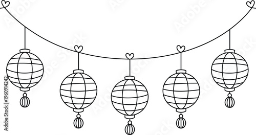 Hanging lantern string lights, decorative festive line art illustration for celebration design