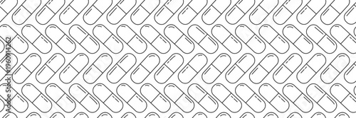 A seamless pattern with medical capsules. An outline illustration of medical pills background. Medicine backdrop in black and white.