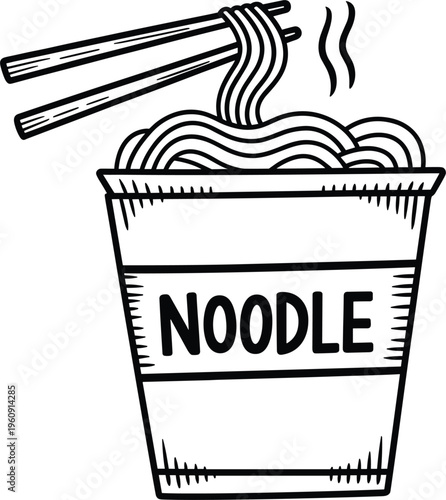 Instant noodle cup with chopsticks, hand drawn food illustration street snack design