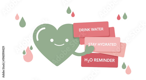 Cute Heart Character with Hydration Reminders - Drink Water, Stay Hydrated