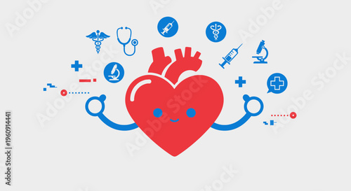 Cute Heart Character with Medical Icons - Health and Science Concept