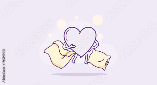 Cute Heart Character with Pillows and Blanket, Sleep Concept
