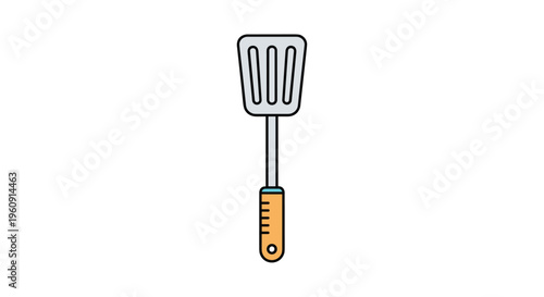 Simple kitchen tool illustration of a metal cooking spatula with a wooden handle isolated on a plain white background area.