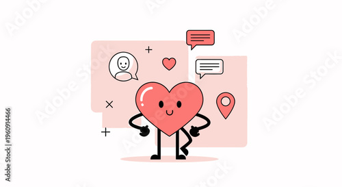 Cute Heart Character with Social Media Icons and Location Pin