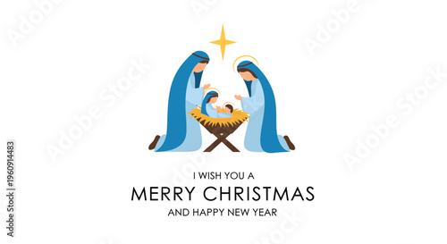 Traditional nativity scene showing Mary and Joseph praying over baby Jesus in a manger under a bright star for Christmas day.