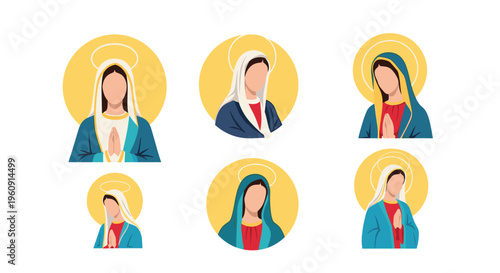 Collection of various circular icons depicting the Virgin Mary in different poses of prayer and reflection with a golden halo.