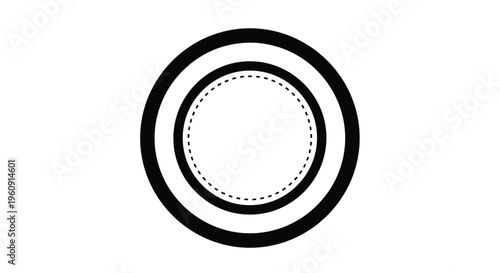 Simple graphic composition consisting of three concentric circles in black and white with a dashed inner line for design.