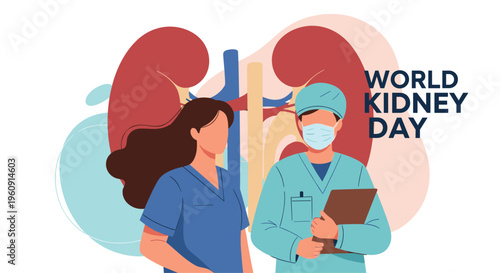 Two medical professionals standing in front of large kidney silhouettes for world kidney day awareness and health campaign.