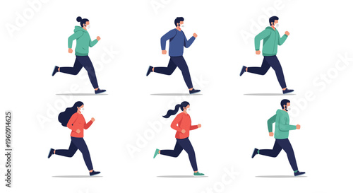 People of different genders jogging while wearing protective face masks to stay safe and healthy outdoors in the park area.
