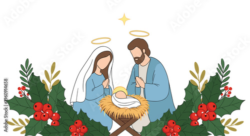 Holy family nativity scene with Mary, Joseph, and baby Jesus framed by green holly leaves and red berries for christmas art.