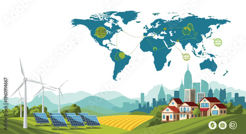 Landscape showing a modern sustainable city with wind turbines and solar panels under a world map with green connections web.