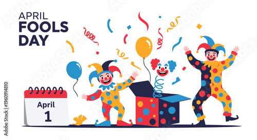 Two clowns and a jack in the box celebrating April Fools Day with balloons and confetti on a festive holiday background art.