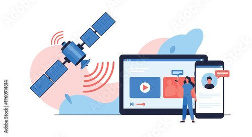 Modern technology concept showing a satellite in space communicating with a tablet and smartphone with social media profiles.