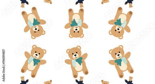 Seamless pattern background featuring cute brown teddy bears wearing green and white polka dot scarves in different poses.