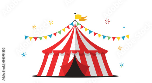 Classic red and white striped circus big top tent decorated with a yellow flag and bunting flags under colorful stars theme.