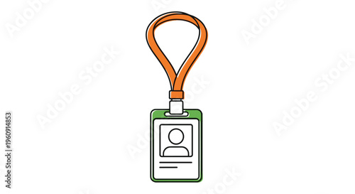 Simple illustration of a green employee identification ID badge hanging from a bright orange lanyard neck strap for work.