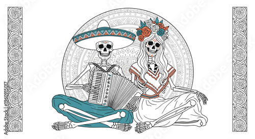Male and female skeletons dressed in traditional Mexican attire celebrating Day of the Dead while playing an accordion.