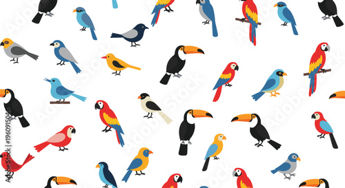 Colorful seamless pattern featuring a diverse collection of tropical and exotic birds like parrots and toucans on white.