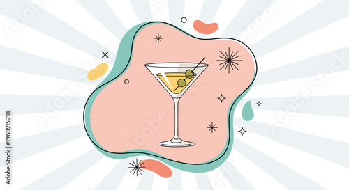 Stylized illustration of a classic martini glass with two olives on a toothpick against a retro sunburst background.