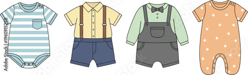 Assortment of Four Baby Boy Outfits with Different Styles and Colors on White Background baby boy clothes