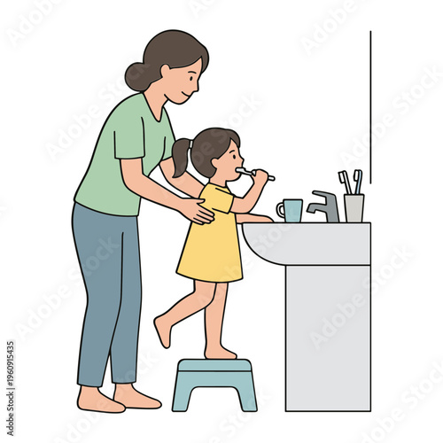 Woman helps young girl brushing teeth at bathroom sink with stool