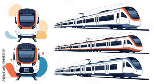 Detailed illustration of a modern white and orange commuter train from various angles including front and side views.