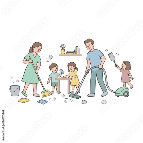 Family members actively cleaning home interior with various tools and equipment.