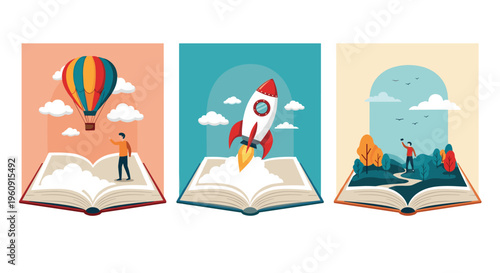 Set of three illustrations where stories come to life from open books featuring a hot air balloon, rocket, and park.