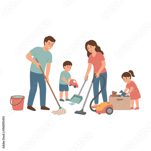 Family cleaning together at home with brooms and vacuum
