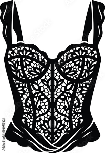 Black Corset With Intricate Lace Overlay And Straps Isolated On White Background