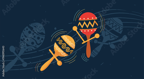 Vibrant illustration of colorful maracas in motion with musical notes and staff lines in the dark blue background.