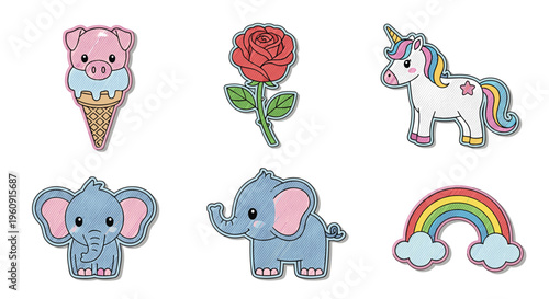Set of six cute embroidered patches including animals like pigs and elephants, a rose, a unicorn, and a rainbow.