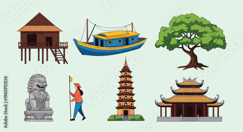 Vietnamese traditional landmarks and cultural symbols including a stilt house fishing boat ancient pagoda temple and mythical lion statue.