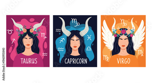 Taurus Capricorn and Virgo zodiac signs illustrated as beautiful women with celestial symbols and floral crowns on colorful backgrounds.