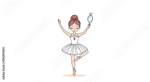 Adorable little ballerina girl wearing a white tutu and red bow while holding a handheld mirror in a graceful dancing pose on white background.