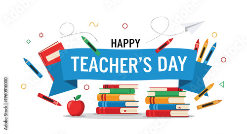 Happy Teachers Day banner design with school supplies like books pencils crayons an apple and a paper plane on a plain white background.