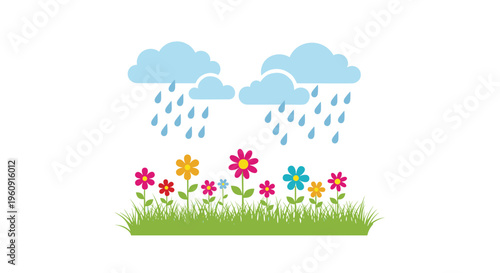 Gentle spring rain falling from blue clouds onto a vibrant garden of colorful flowers growing in green grass on a clean white background.