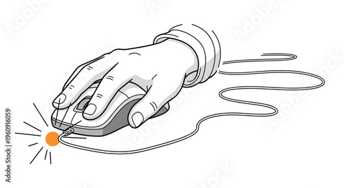 Detailed line drawing of a hand holding and clicking a computer mouse with a glowing orange light indicating an active click on white.
